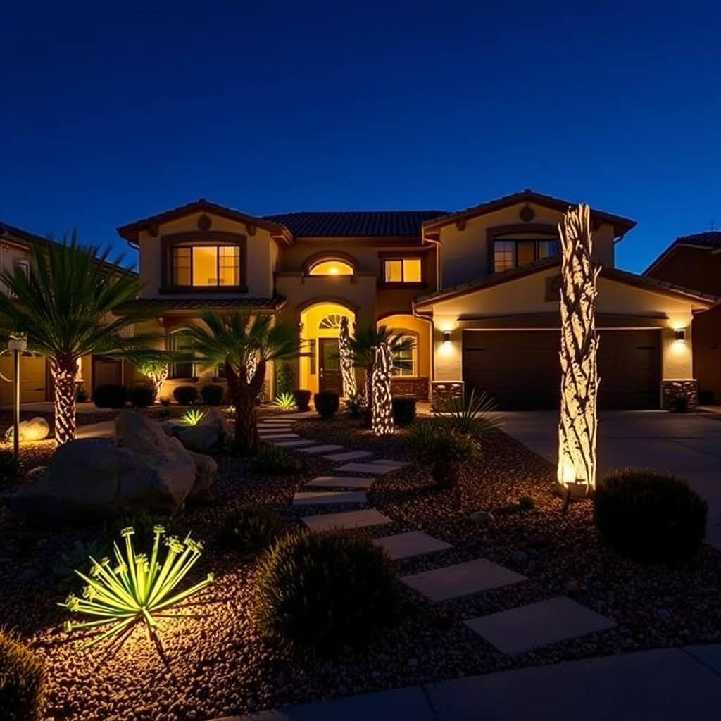 Las Vegas home with outdoor lighting installed by electrician